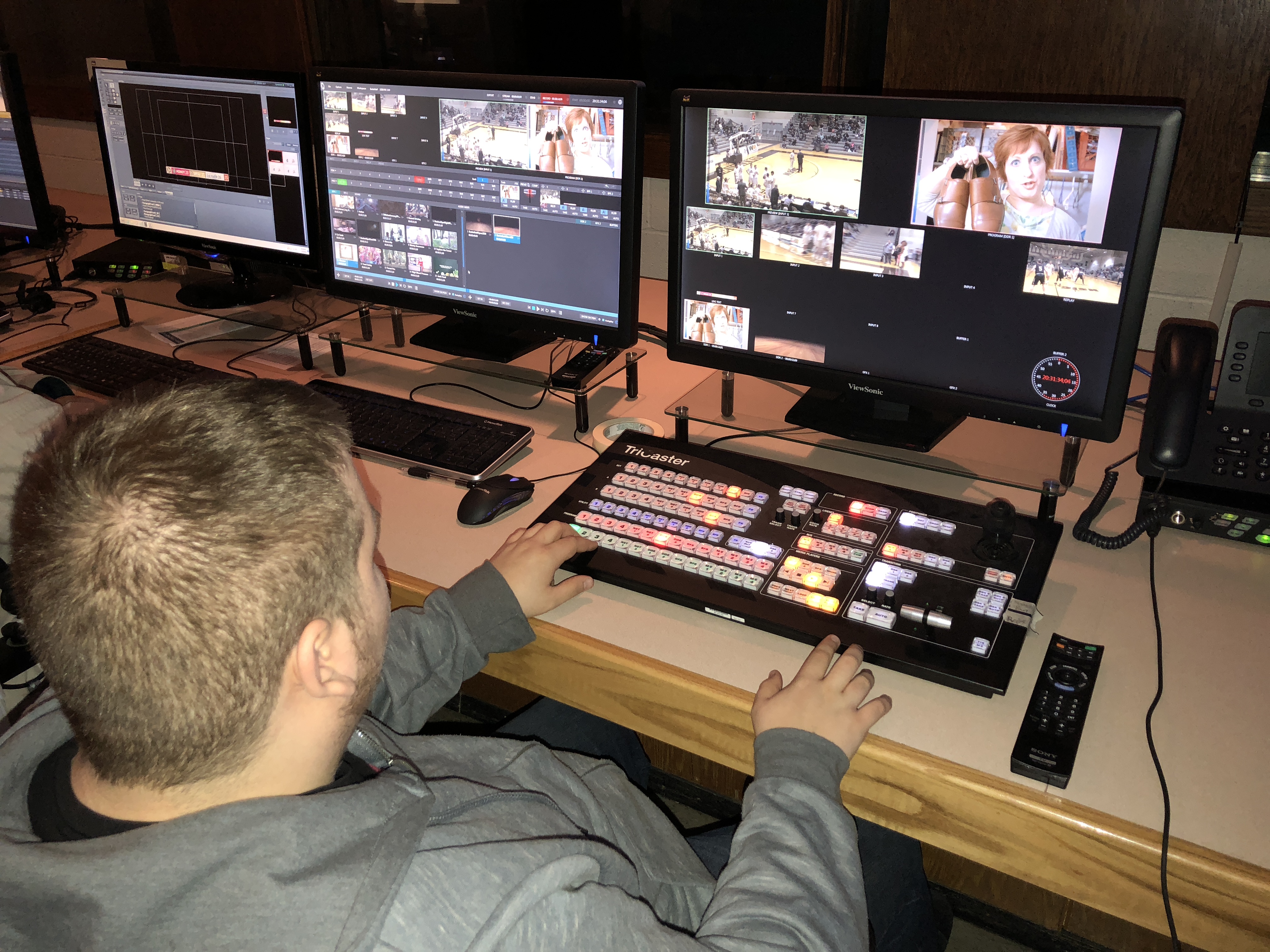 Control room crew for Mustang Basketball